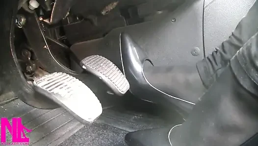 Pedal Pumping in Black Pantyhose and Grey Patent High Heels