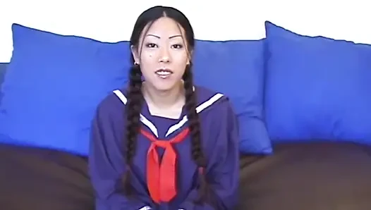 Asian babe pussy fucking big dick sucking in a college uniform...cum in mouth