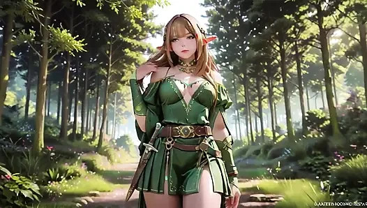 Green Elf in the Forest Secret! Kneeling Gaze Under Dappled Sunlight, a Dreamy Tease with Fingertips Touching Her Lips