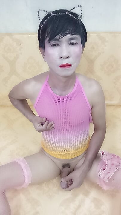 Transgender Oanh Le wears sexy clothes masturbating and ejaculates all over her body