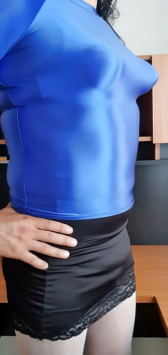 Modeling My Blue Spandex Blouse and Pointy Tits