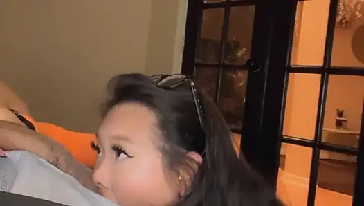 horny asian girl giving sloppy blowjob and gets huge creampie