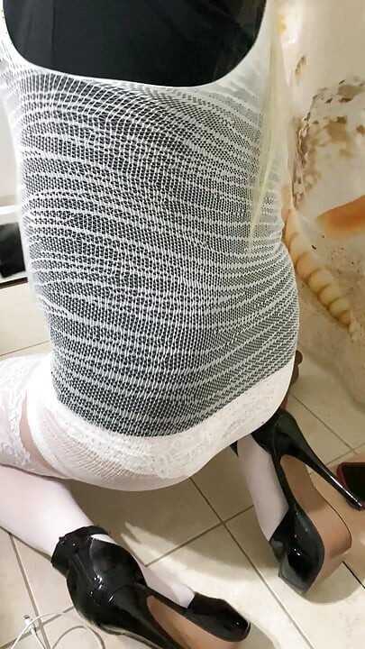 Amateur sexy slutty sissy Crossdresser trans I’m white stockings and heels with dildo dirty talk squirt cum hands feee