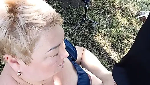 Fat bitch publicly masturbates my dick in the park and gets cum on big tits