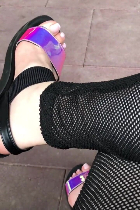 My new shiny sandals and toes tease outdoor