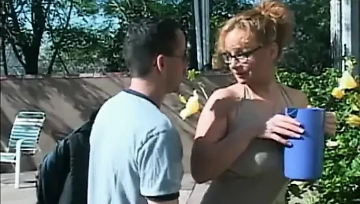 Huge boobs blonde milf fucking licking big cock sucking in the garden