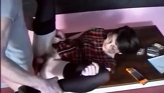 Sexy teen with hairy cunt gets anally drilled in a threesome