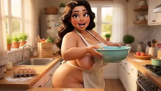 Curvy Latina bakes naked under tiny apron while her young stepson watches every move (AI generated)