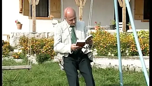 German grannies sharing big dick in outdoor threesome
