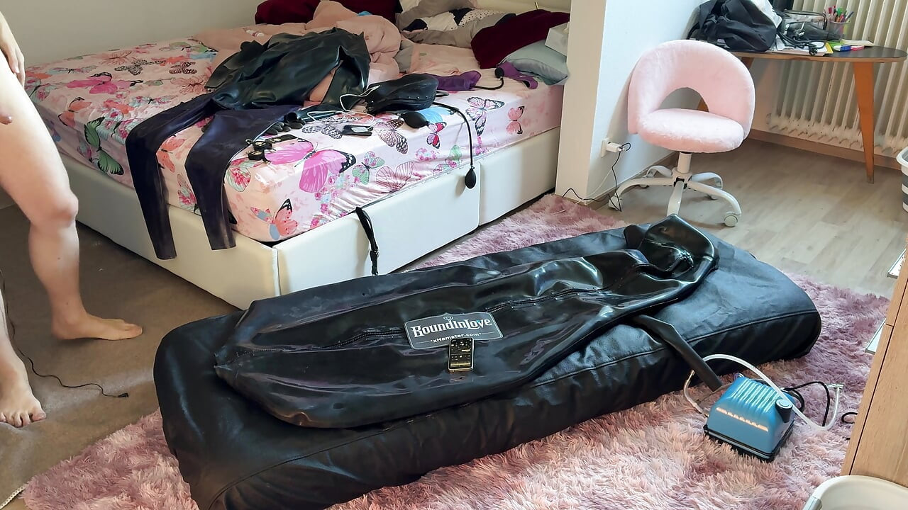 Wife drives her husband to orgasm with ESTIM in Inflatable Full Body Latex Bondage Bag. Restricted Breathing - Gagged  Butt Plug
