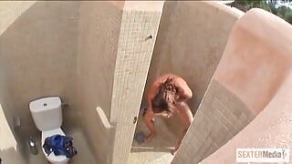 Hot brunette pisses in the shower