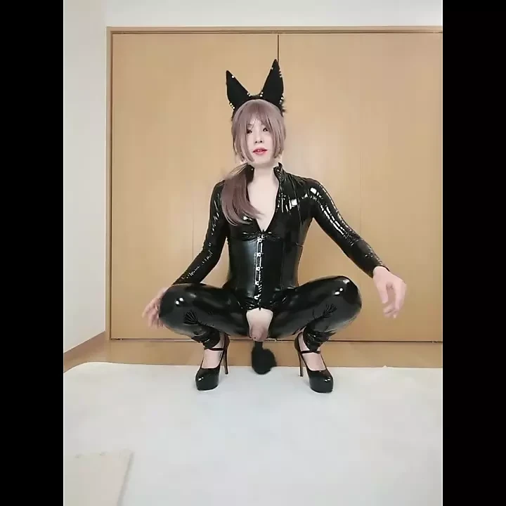 PVC Catsuit Sissy solo cum with Tail Vibrator Toy