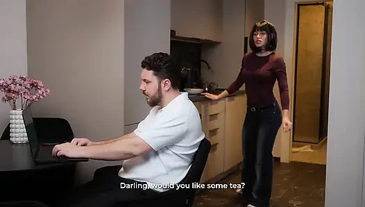 Secretary MariMoore deep-throats a cock and has rough sex with her boss while his wife is in the next room