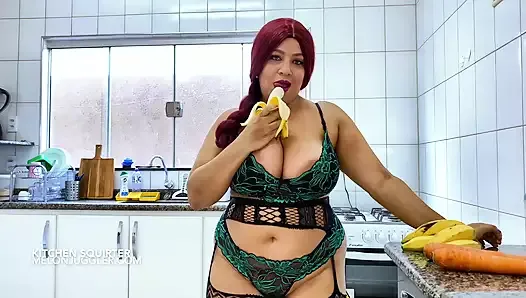 Big Boobs babe fucks herself in the kitchen till she squirts