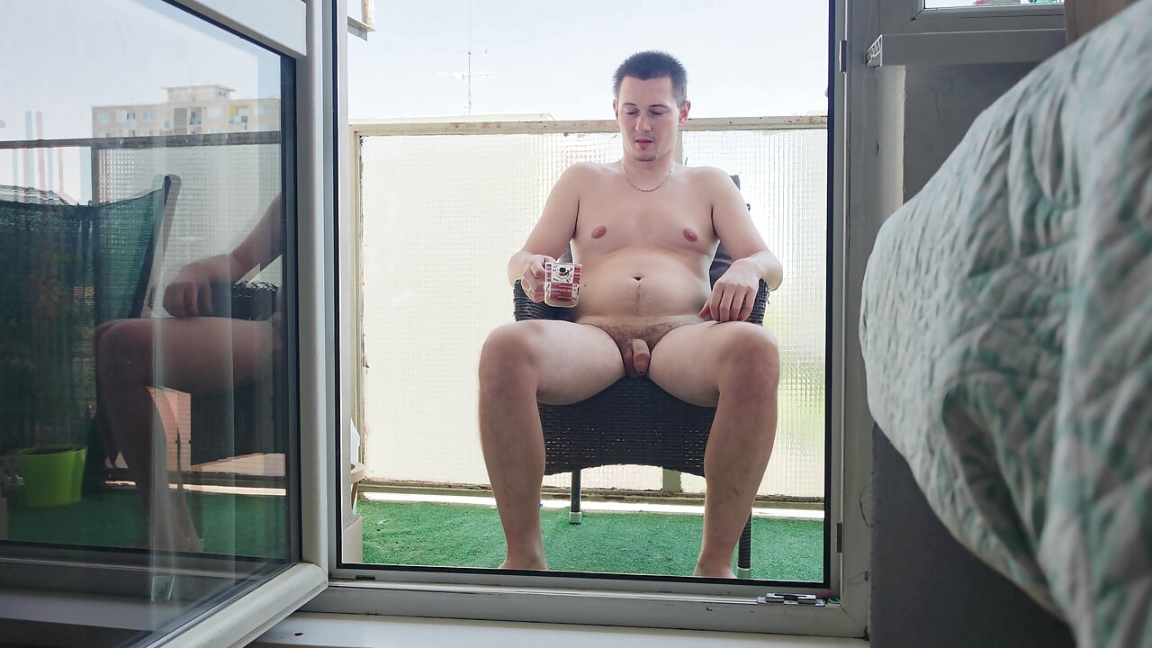 Exhibitionist Enjoys His Cigarette and Coffee Naked on the Balcony