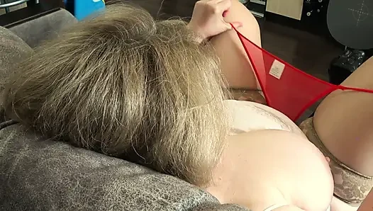 Big Tits From Above. a Camera Watches From the Side as a Plump MILF Masturbates and Records a Video.