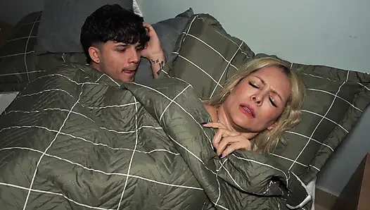 Busty stepmom shares hotel bed with stepson and they end up fucking when no one's looking