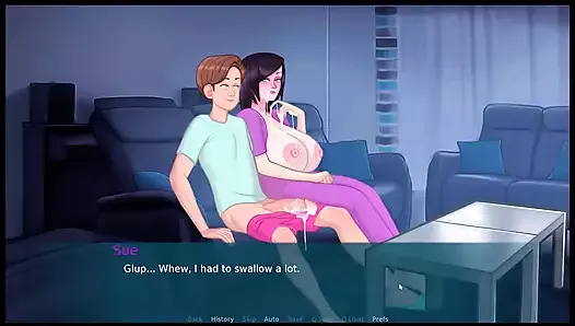Sexnote - toutes les scènes de sexe, jeu porno hentai tabou, épisode 4, pipe risquée sur le canapé devant sa belle-mère !