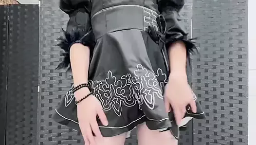 Asian sissy in Nier 2B cosplay dress and pantyhose