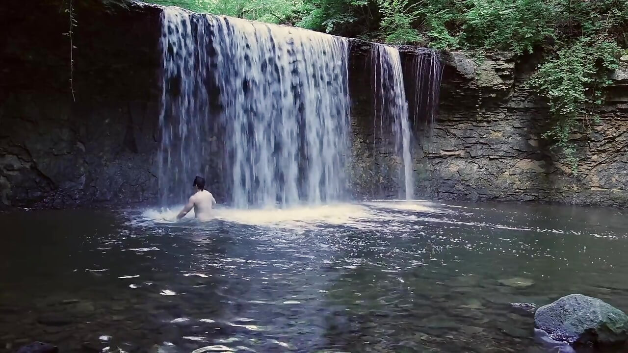 Muscular Asian Hunk Flexes in Speedo by Waterfall - Tight Ass & Hole Tease, Strips Naked & Explodes with Massive Cumshot