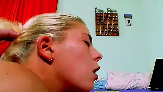 A slim blonde babe from Germany gets banged and sprayed with cum