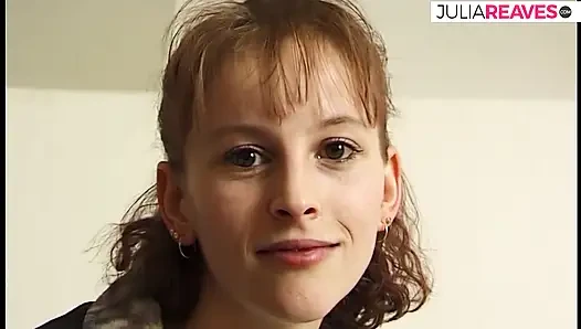 Skinny girl strips and touches herself on the bed