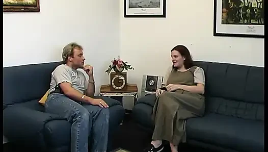 Young babe sucks a hard cock to a mouth cumshot on the sofa