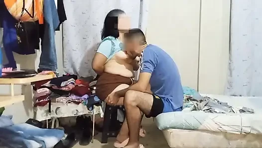 Surprising my wife when she folds her clothes to caress her and suck her big natural tits and taste her huge nipples