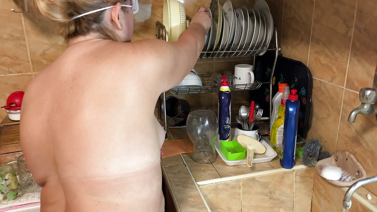 Zara Charm Topless Kitchen Fun Washing Dishes to the Music