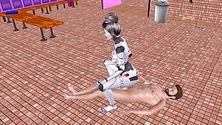 Un video porno animado de una hermosa chica robot asaltando la polla de un hombre en posición de vaquera inversa.