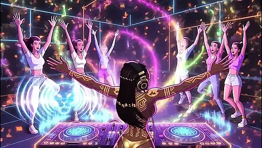 AI-DJ-Mädchen auf privater exklusiver party - Strand Sunset + Tron TRON + Tokio Neon