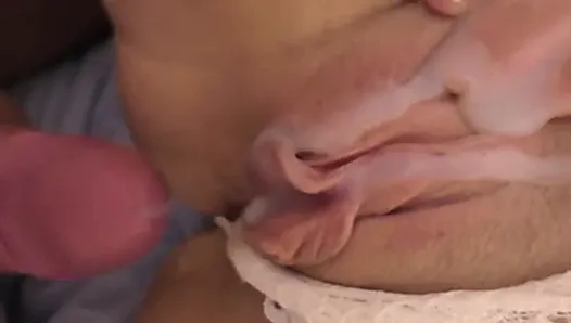 Huge load drenches her smooth pussy