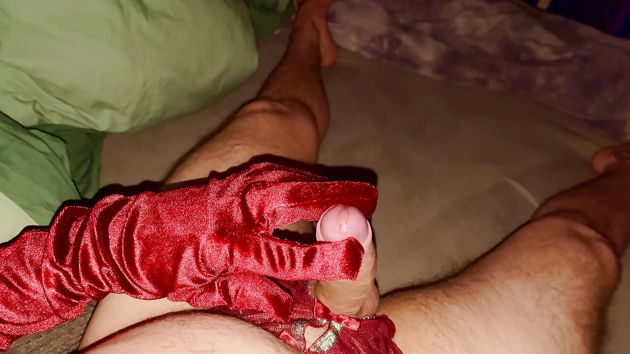 Man masturbate to pulsating throbbing cumshot wearing velvet gloves and matching open crotch panties - ASMR