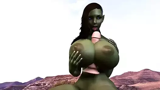 Hot Green Orc Chick Gets Fucked By a Dildo Between Her Tits