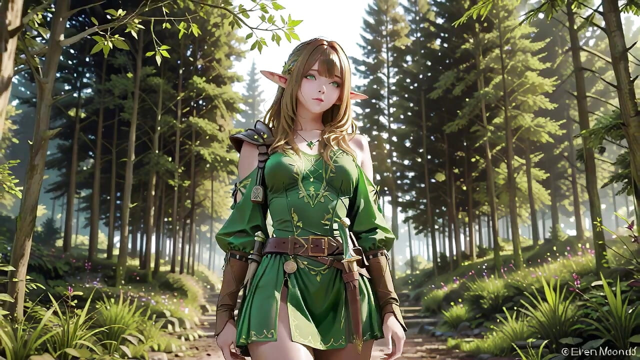 Green Elf in the Forest Secret! Kneeling gaze under dappled sunlight, a dreamy tease with fingertips touching her lips.