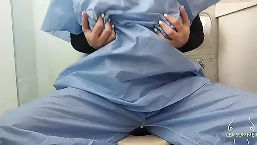 Perverted nurse enters the bathroom to play with her pussy after seeing ...