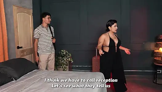 Busty stepmom ends up sharing a bed with her skinny stepson due to a hotel mix-up