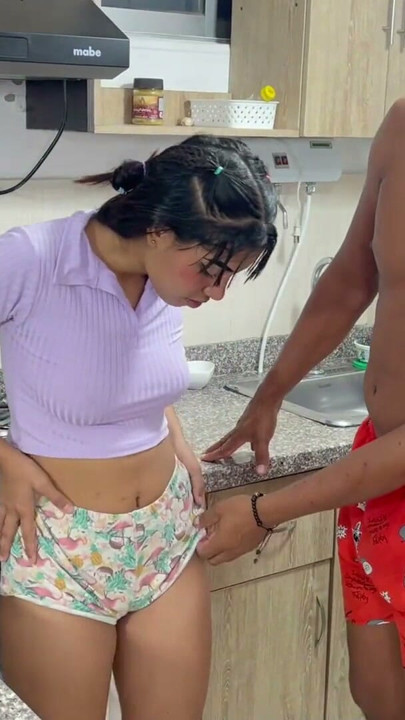 Big ass stepsister fucks stepbrother in the kitchen after seeing his huge cock until she fills his ass with a lot of milk | Clip 1
