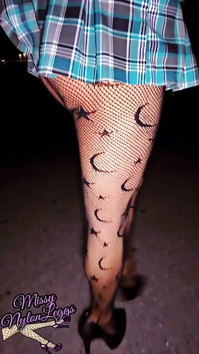 MissyNylonLeggs - Mini Skirt & Fishnet Pantyhose High Heels