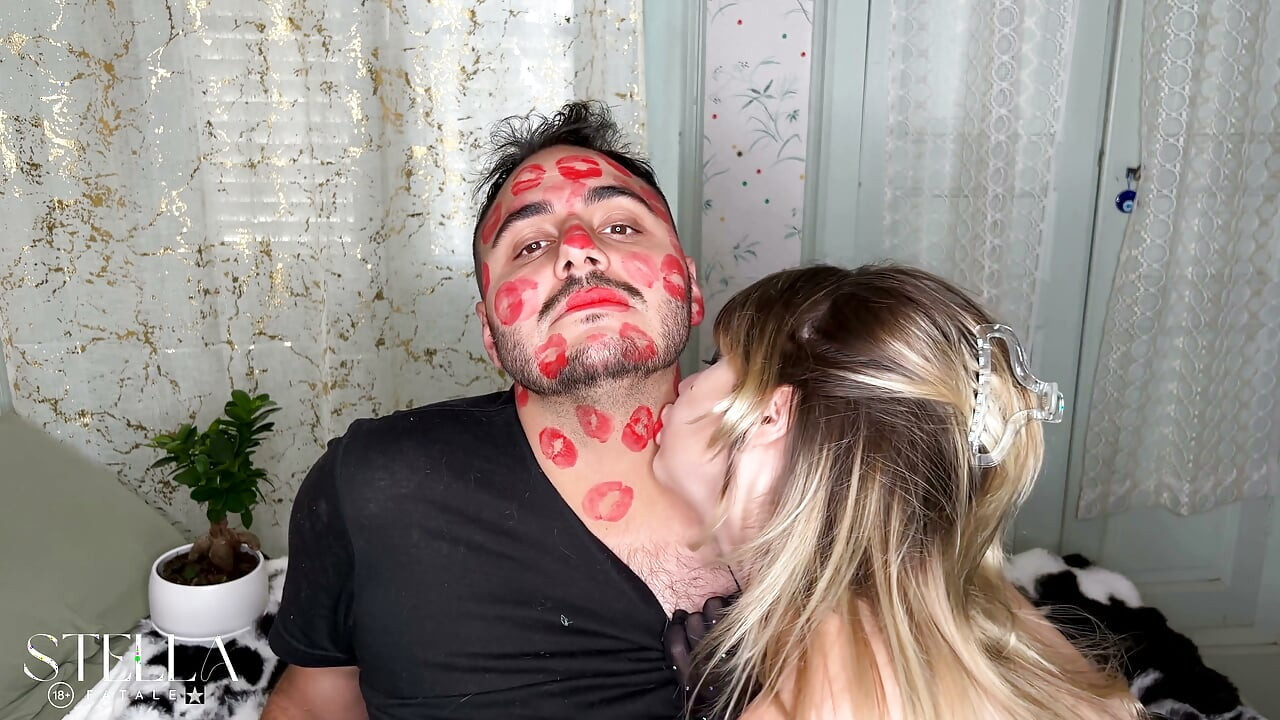 Red Lipstick Kisses Cover His Entire Face