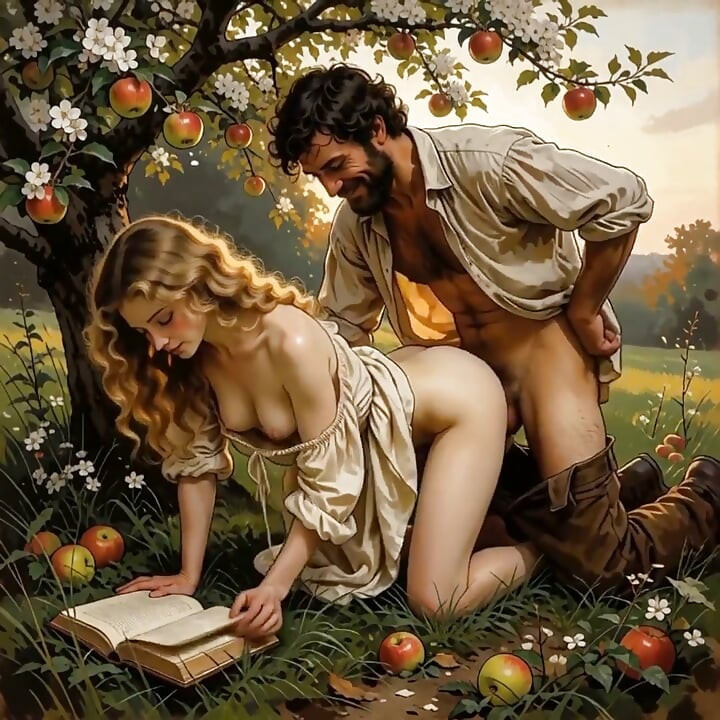 She Kept Reading Under the Apple Tree While He Finished What the Book Started (ai Generated).