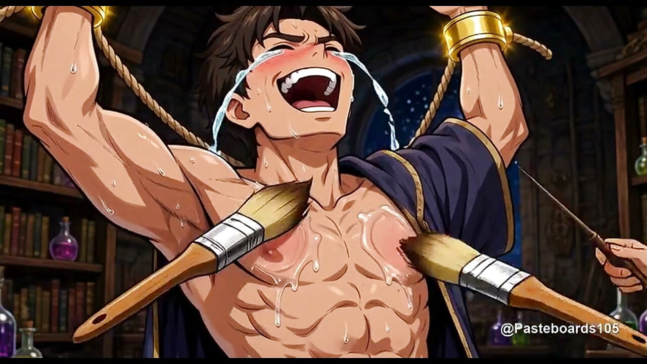 魔導士の書斎に縛られて - 肋骨と腹部に魔法の絵筆（2Dアニメ）