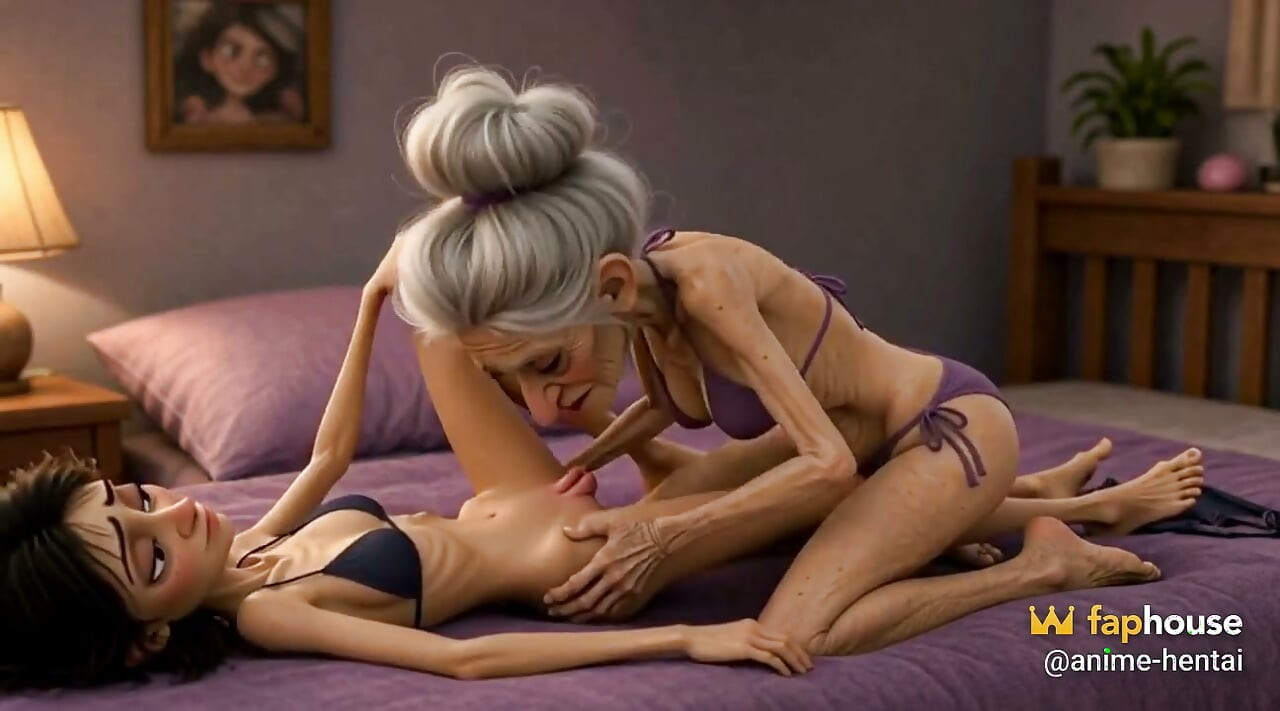 Extremely Skinny Old Woman Licks a Skinny Young Woman's Pussy