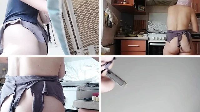 Brunette with hairy pussy, big tits, sensual and hairy woman in the kitchen. Sexy amateur wife shaving her hairy pussy.