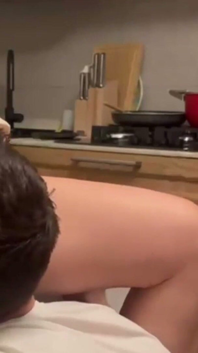Kitchen doggy lick then she fingers herself | Clip 1