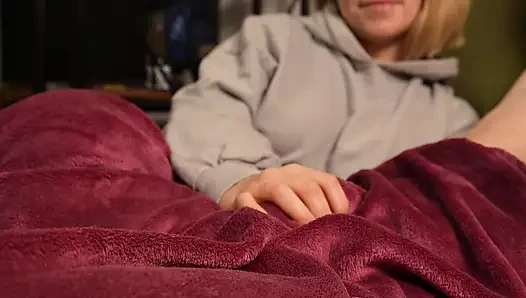 Watching TV together turned into a handjob with a premature and totally ruined orgasm