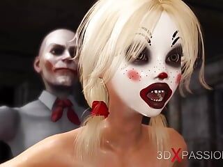 Joker knallt grobe eine süße sexy blondine in einer clowns-maske im verlassenen zimmer