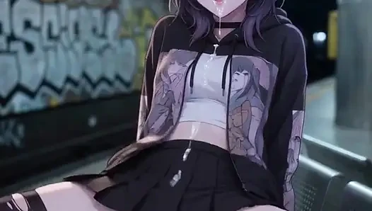 Sevimli anime kız mastürbasyon yapıyor ve metro istasyonunda sikiliyor