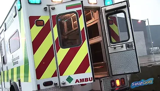 Two naughty nurses fuck hard with two older guys in the ambulance