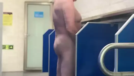 Naked jerk off in public toilet